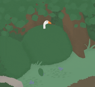 A cartoon goose pokes its head out of a bush to honk