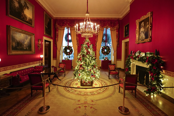 The Red Room of the White House is decorated during the 2020 Christmas preview