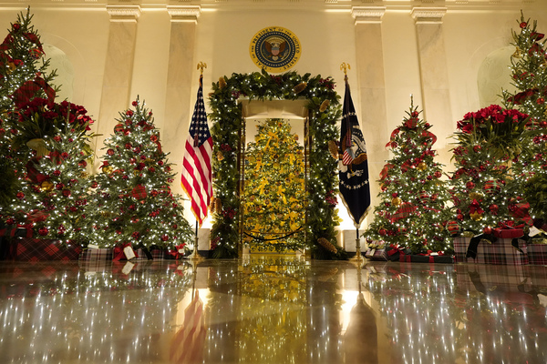 Cross Hall and the Blue Room are decorated during the 2020 Christmas preview at the White House