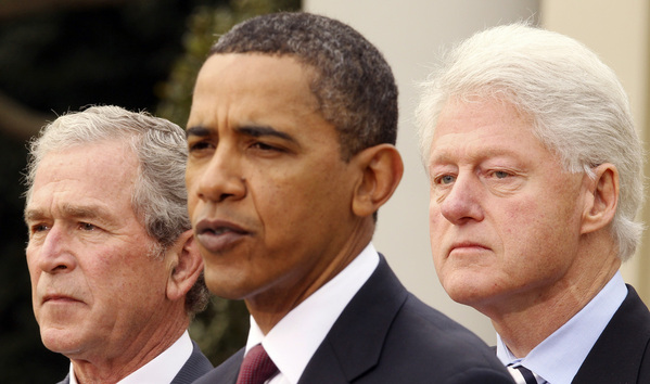 U.S. President Barack Obama is joined by former U.S. Presidents George W. Bush (L) and Bill Clinton (R) in the Rose Garden of the White House