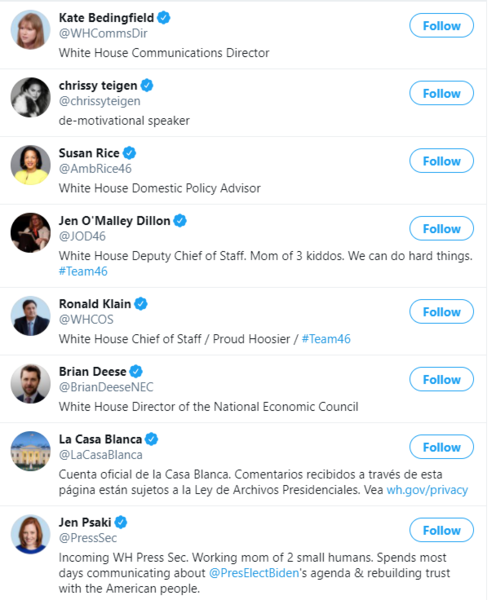 A screenshot shows a list of Twitter accounts including White House Comms Director Kate Bedingfield, Chrissy Teigen, Susan Rice, White House deputy chief of staff Jen O'Malley Dillon, White House chief of staff Ronald Klain, White House director of national economic council Brian Deese, LaCasaBlanca, and White House Press Secretary Jen Psaki