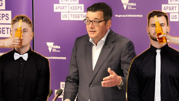Daniel Andrews superimposed with Mashd N Kutcher, with hands holding out beers in front of their faces