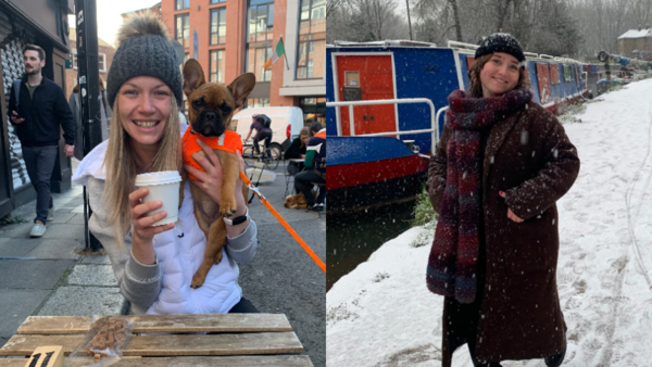 Composite image of a woman sitting down holding a dog and a takeaway coffee cup (left) and a woman standing in the snow (right).