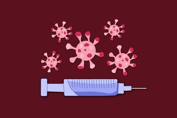 A needle is seen in front of a maroon background with five virus drawings above it.