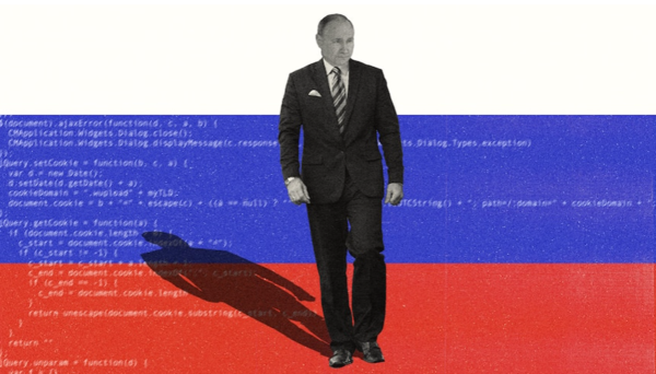 An edited image of putin walking, with the russian flag as the background