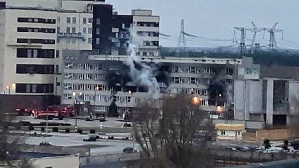 A fire at the Zaporizhzhia nuclear plant after it was attacked by Russian forces early on Friday morning