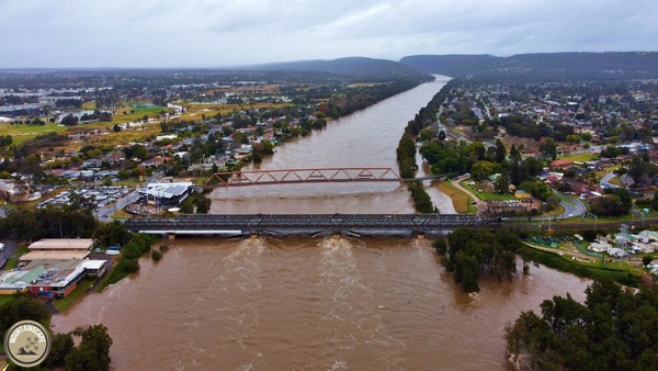 A drone shot of the flooded Nepean River.